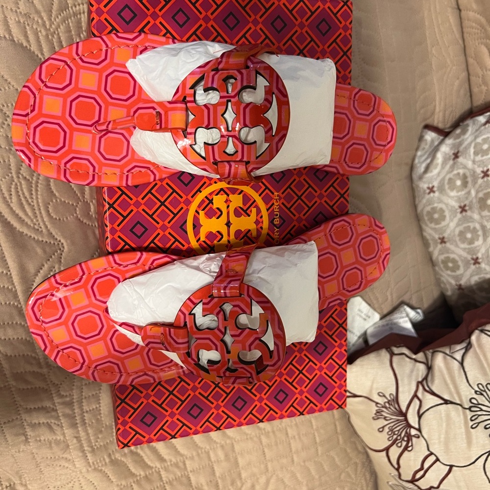 Tory Burch Geometric Pink and Orange Slides